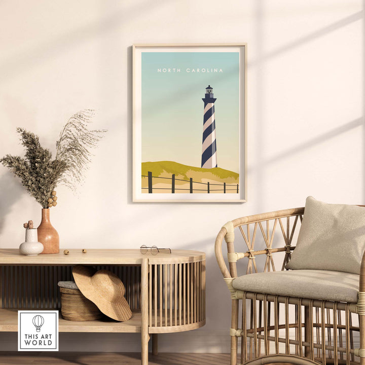 North Carolina travel poster print featuring a lighthouse in a minimalist room decor setting.