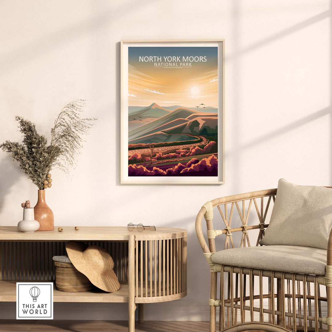 North York Moors National Park poster displayed in a stylish home setting with minimalist decor.