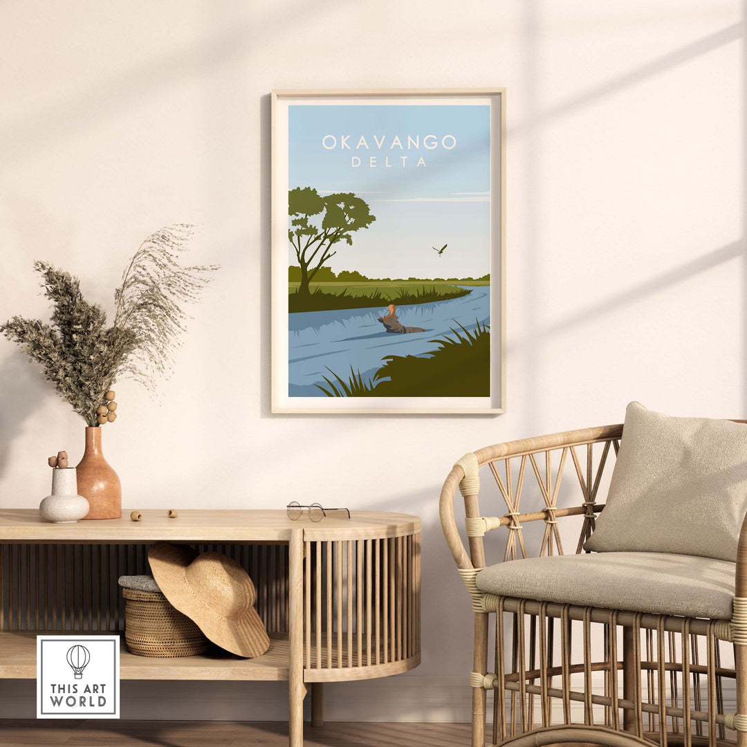 Okavango Botswana print featuring lush delta scenery in a minimalist style, displayed in a modern home setting.