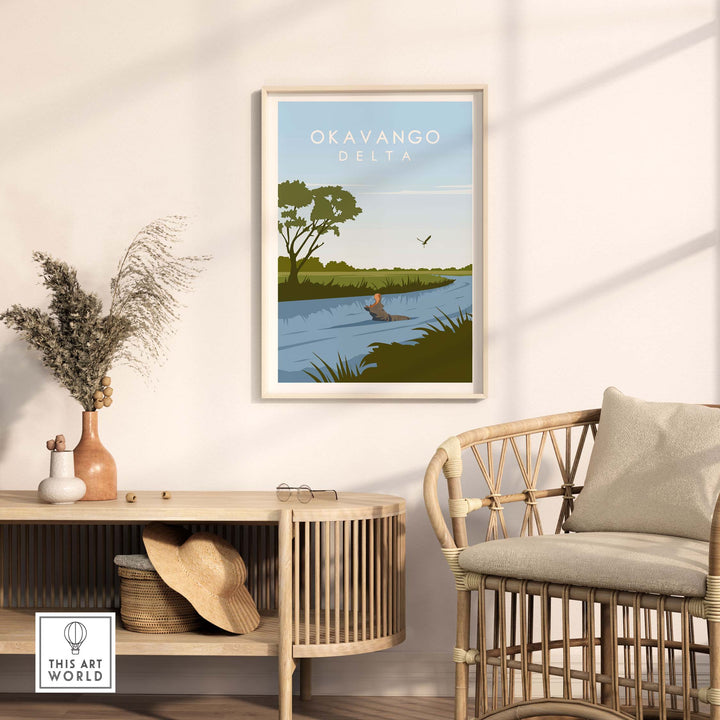 Okavango Botswana print featuring lush delta scenery in a minimalist style, displayed in a modern home setting.