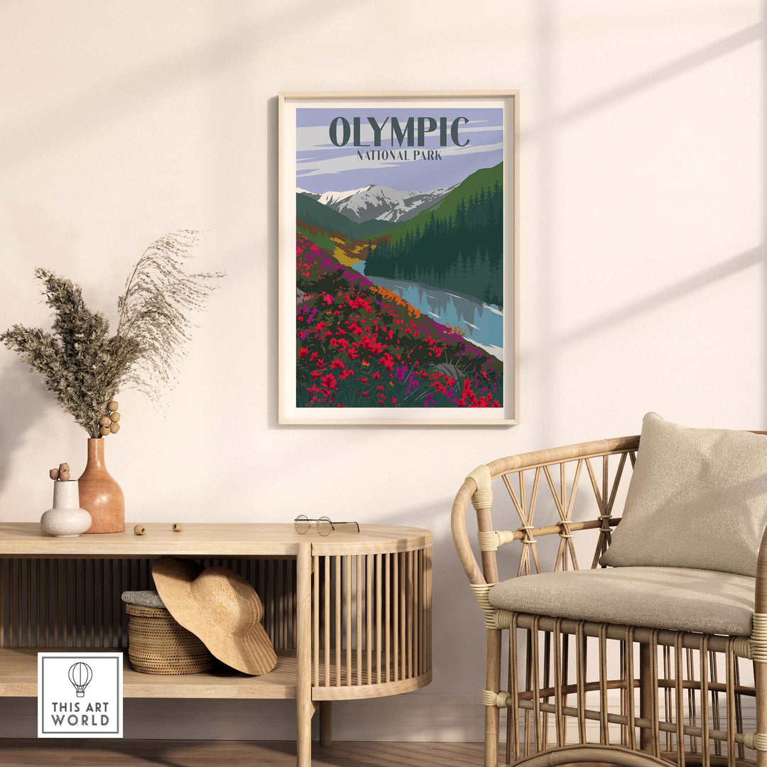 Olympic National Park poster featuring vibrant flowers and mountains in a stylish home setting with rustic decor.