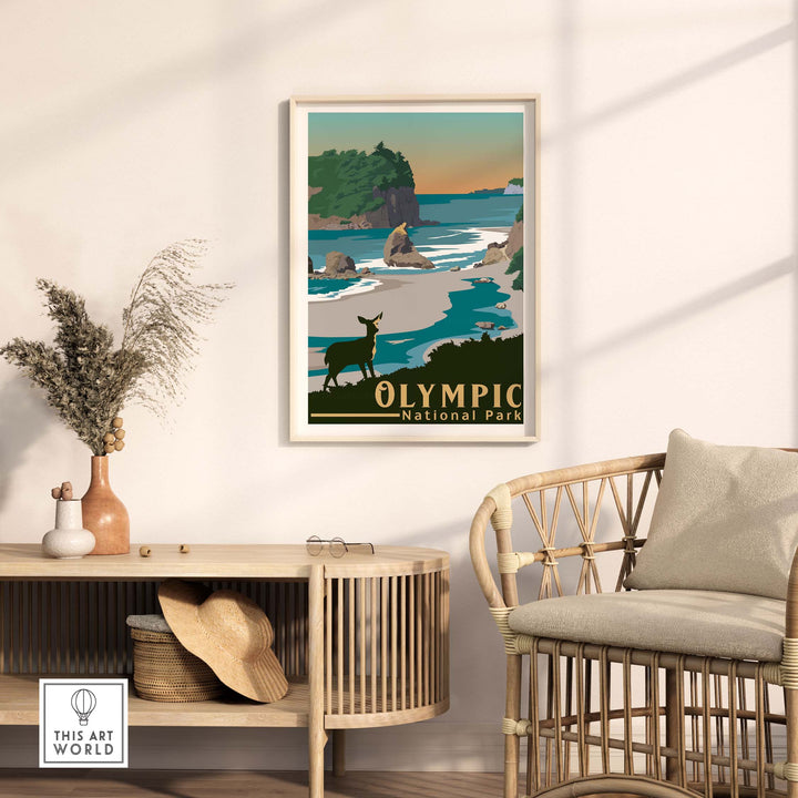 Framed Olympic National Park print featuring a deer, ocean view, and vintage travel poster style.