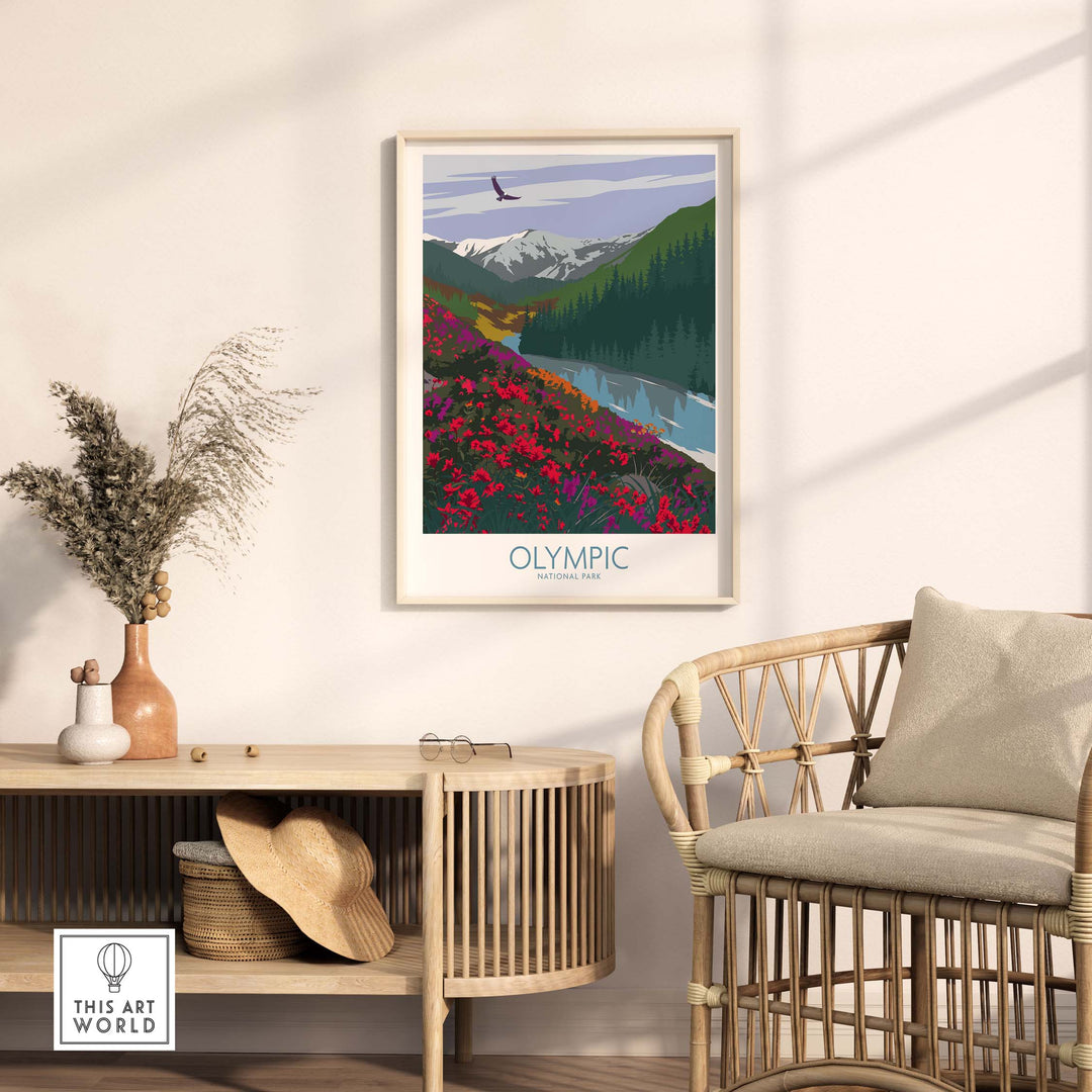 Minimalist Olympic National Park poster featuring mountains and lake, showcased in a modern home setting.