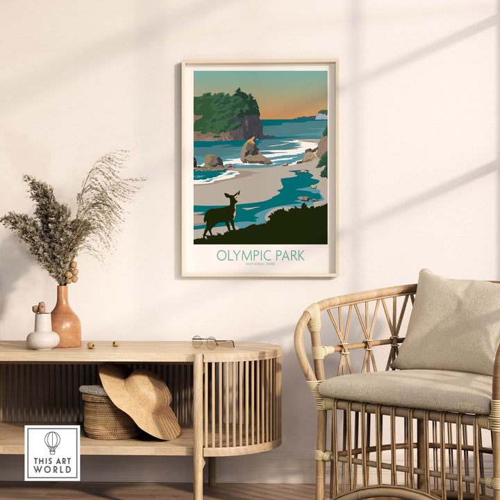 Framed Olympic National Park wall art featuring a deer and scenic coastal view in a minimalist style.