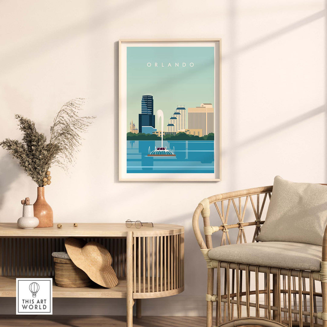 Orlando travel poster print showcasing iconic skyline and fountain design in a stylish living room setting.