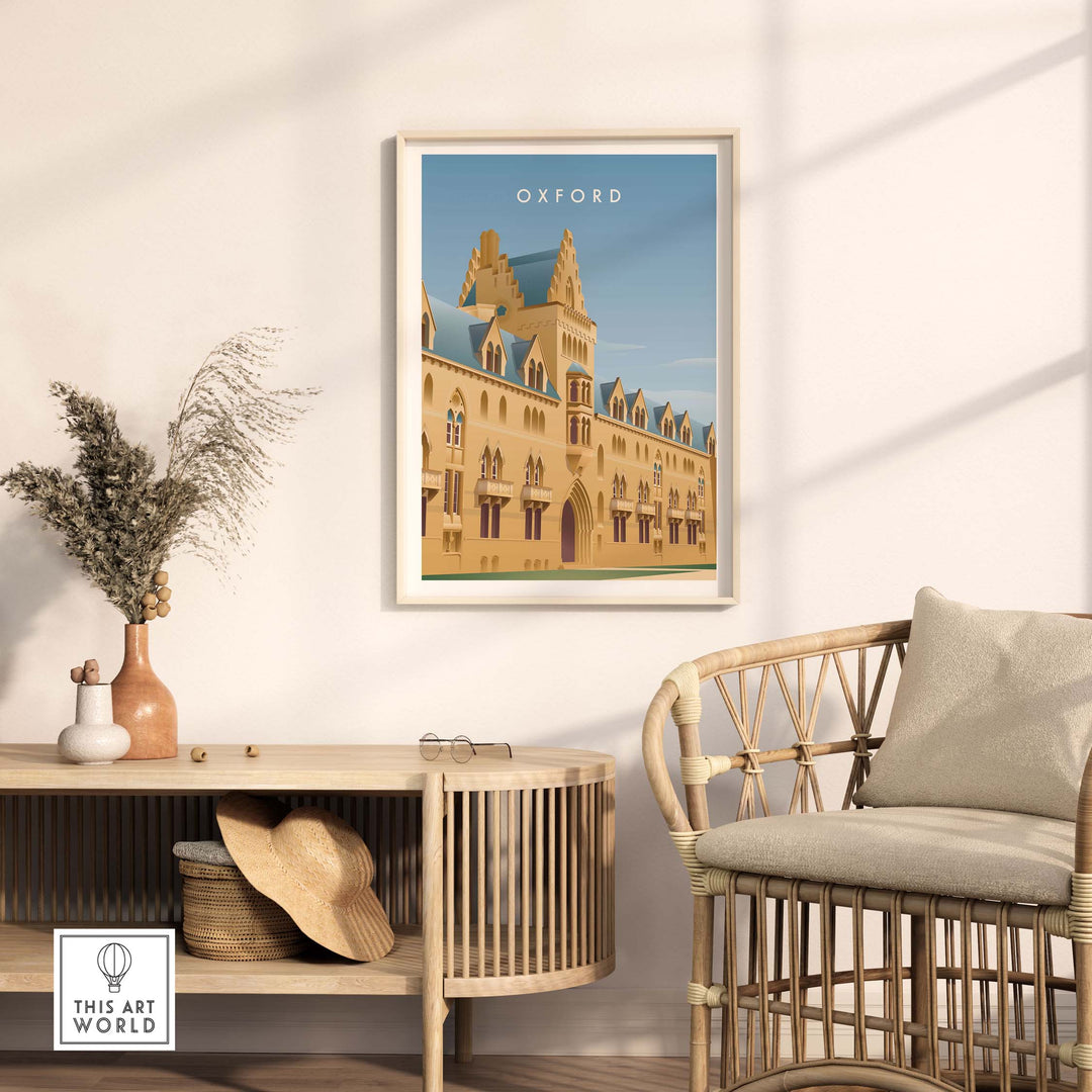 Oxford Wall Art Poster showcasing vintage-inspired architecture in a stylish living room setting.