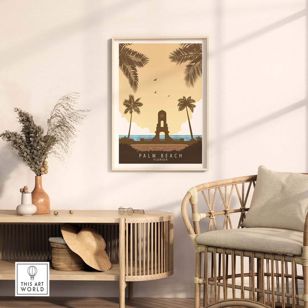 Palm Beach Florida print featuring a vintage design with palm trees in a stylish home setting.