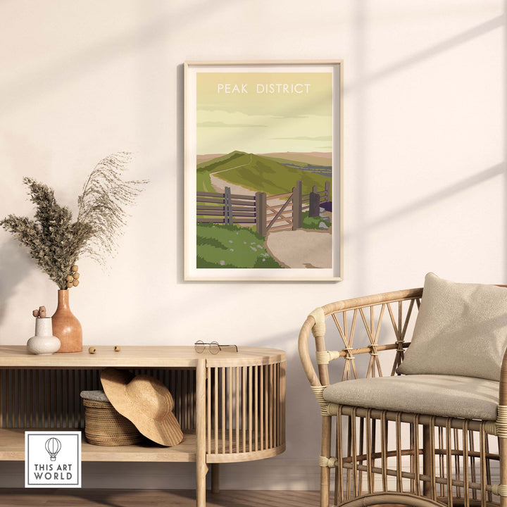 Peak District print in a stylish living room setting, showcasing nostalgic travel art inspired by vintage posters.