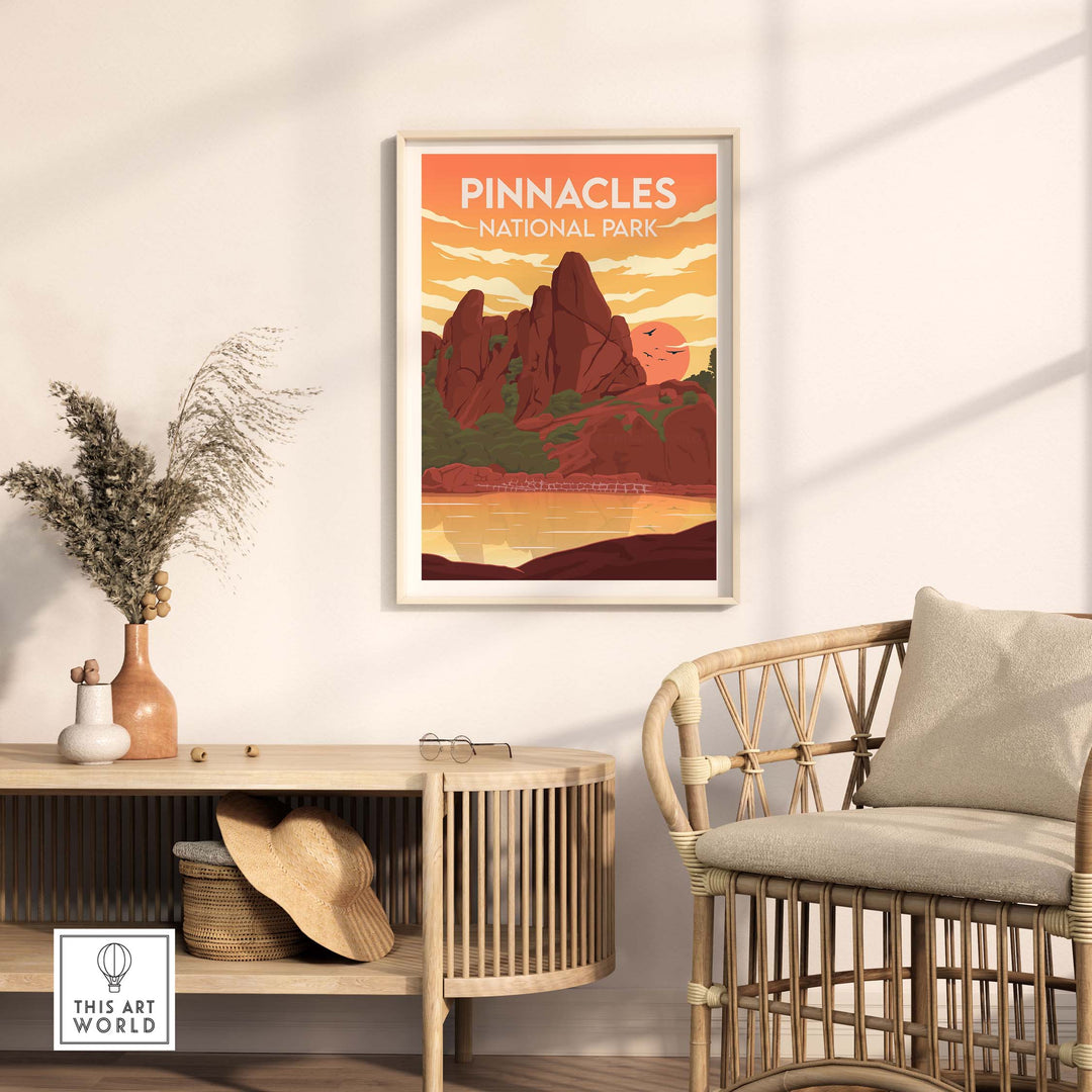 Pinnacles National Park poster in a minimalist style displayed in a modern living room setting.