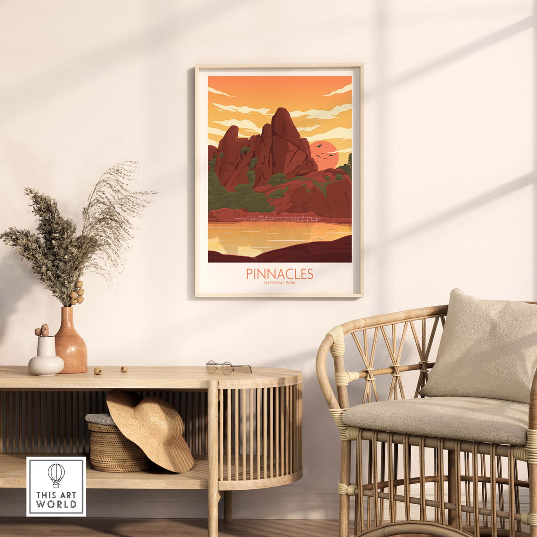 Pinnacles National Park poster art print displayed in a modern living room setting with natural decor.