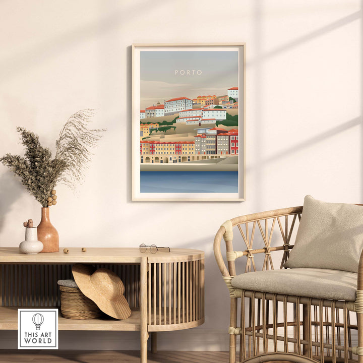 Stylish Porto Portugal wall art poster displayed in a cozy living room setting with natural decor.