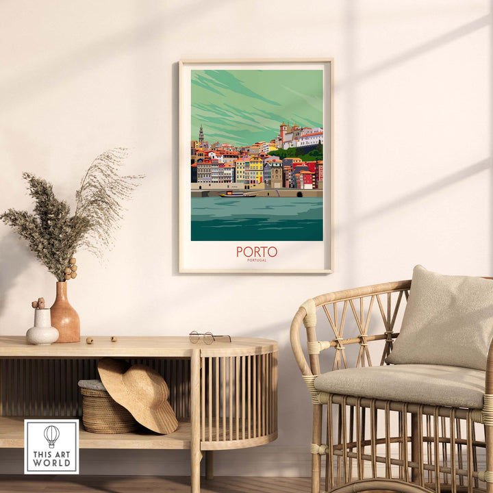 Porto Portugal travel poster displayed in a stylish living room, showcasing vibrant cityscape art.