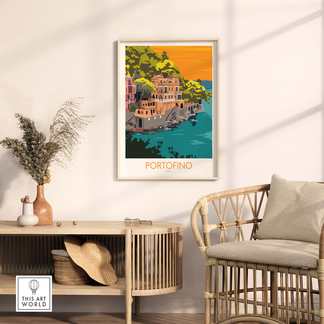 Portofino Print Travel Poster showcasing vibrant coastal scenery, framed art piece for home or office decor.