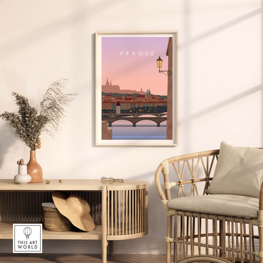 Prague Print Wall Art Poster featuring a sunset view, framed and styled in a modern home setting.