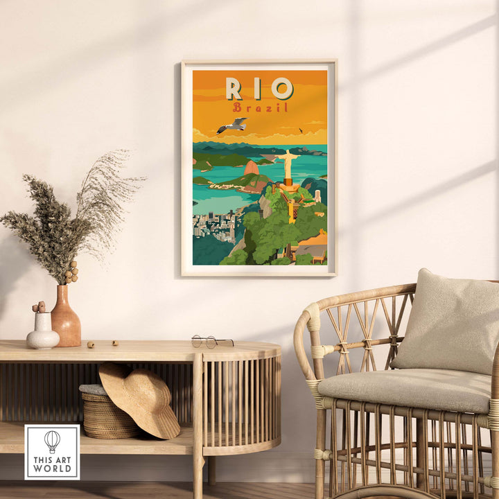 Rio Brazil wall art print featuring a minimalist vintage design, framed in a stylish living space.