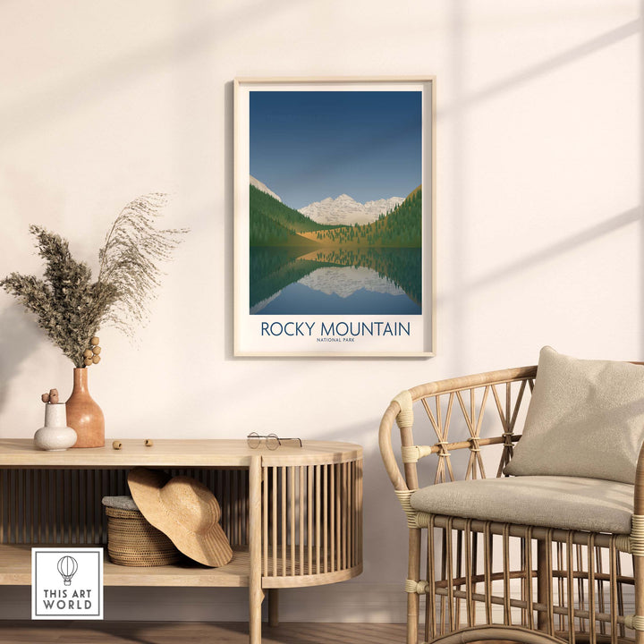 Rocky Mountain National Park art print displayed in a stylish home setting with natural decor.