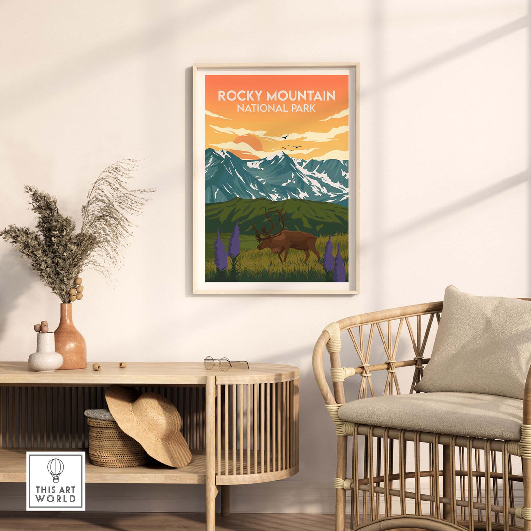 Rocky Mountain National Park Print featuring mountains and wildlife, perfect for home or office decor.