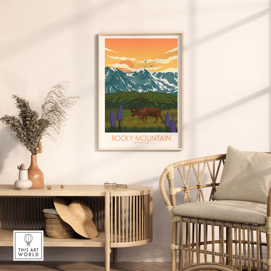 Rocky Mountain National Park art print displayed in a stylish interior with mountains and wildlife.