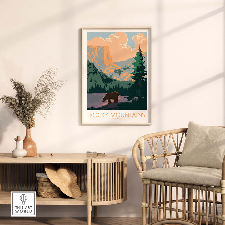 Rocky Mountains Colorado poster framed in stylish decor, showcasing nature and wanderlust in a modern living space.
