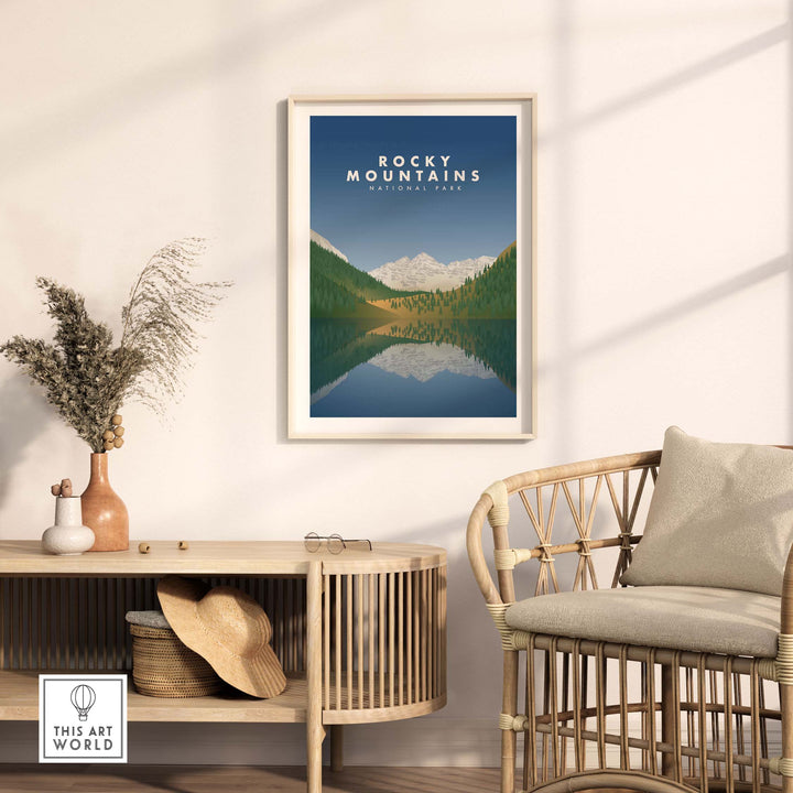 Rocky Mountains National Park art print in a stylish interior setting, framed and ready to enhance home decor.