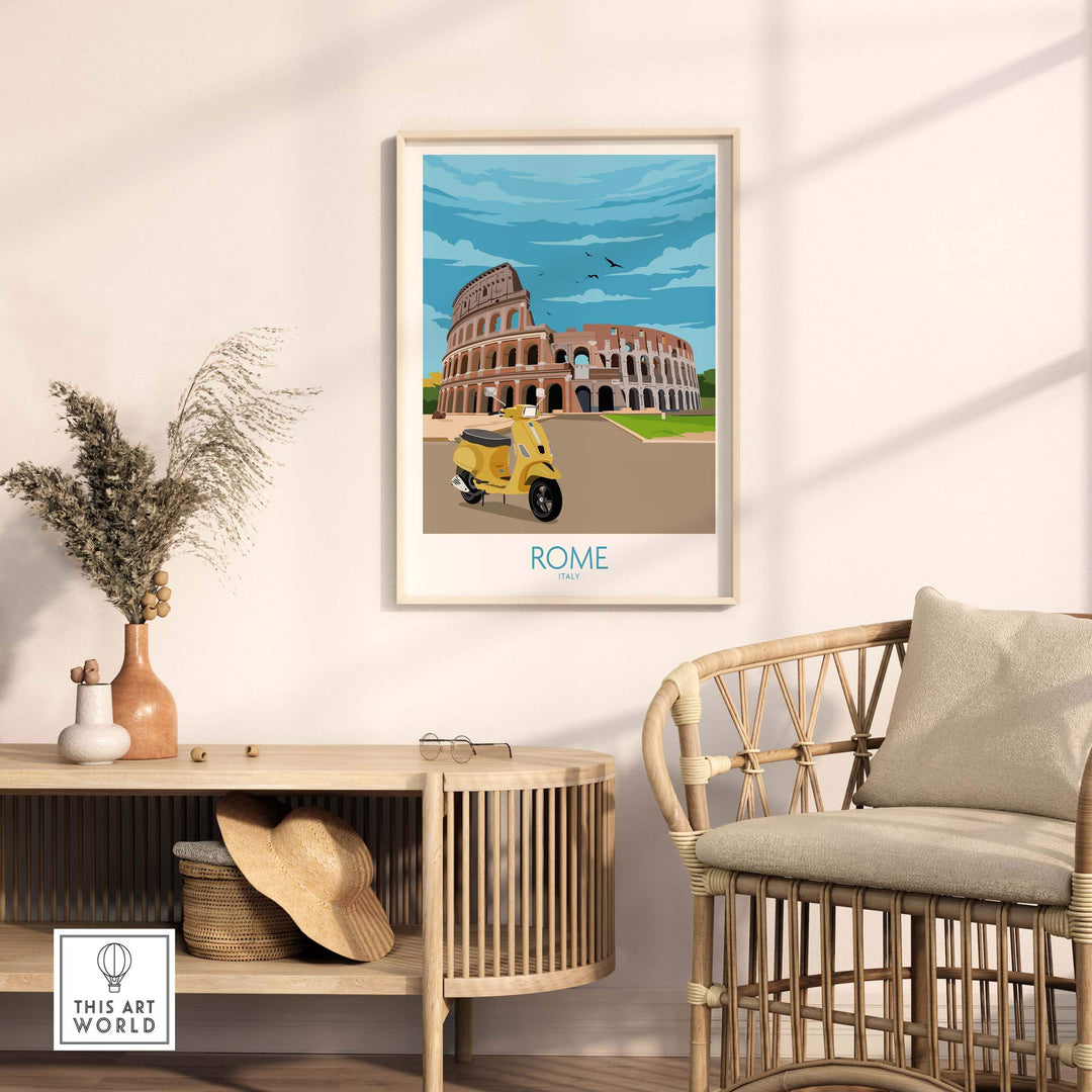 Rome travel poster print featuring the Colosseum and a vintage Vespa in a stylish home setting.