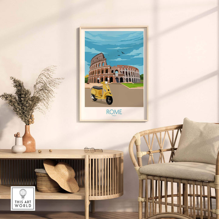 Rome travel poster print featuring the Colosseum and a vintage Vespa in a stylish home setting.
