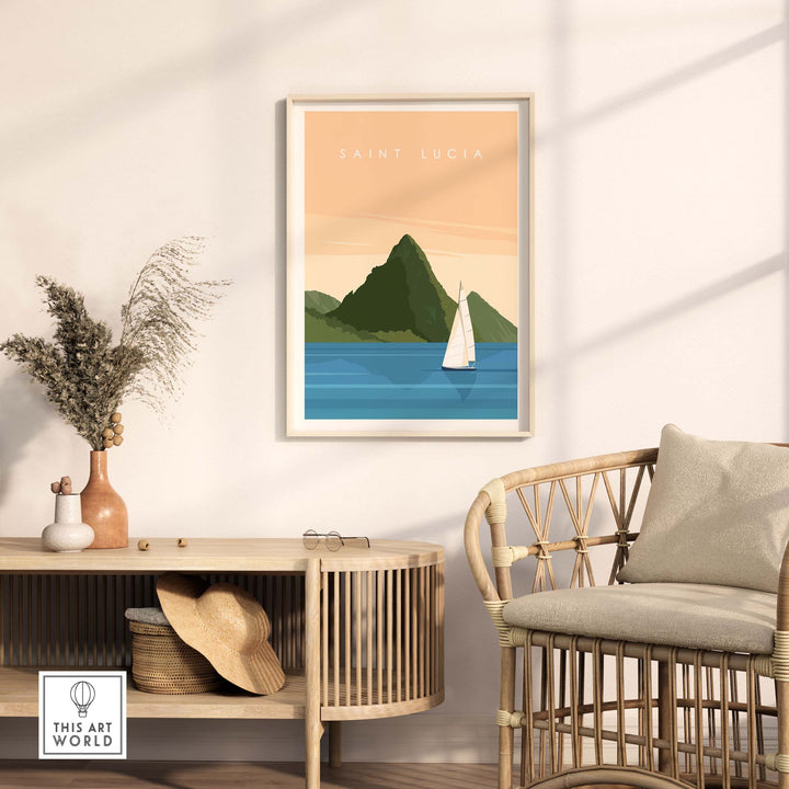 Saint Lucia wall art print featuring minimalist design with a sailboat and mountains in a serene interior setting.