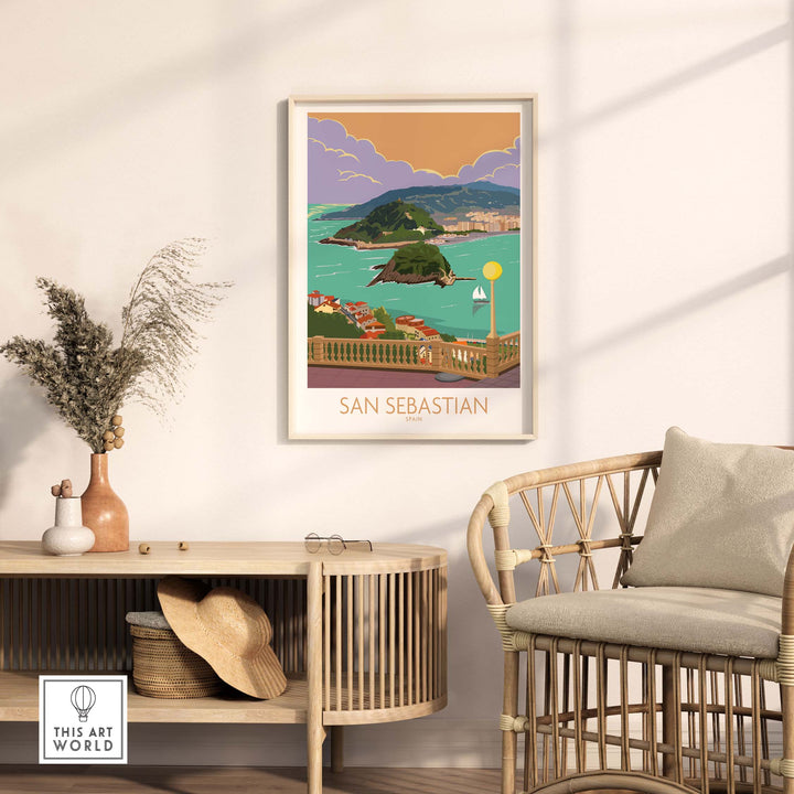 San Sebastian poster print displayed in a stylish interior, featuring vibrant coastal scenery and vintage travel art.