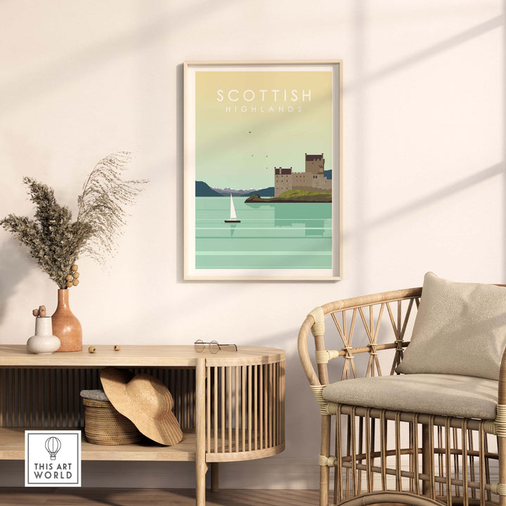 Scottish Highlands Print Wall Art Poster featuring a castle and sailboat, displayed in a stylish interior setting.