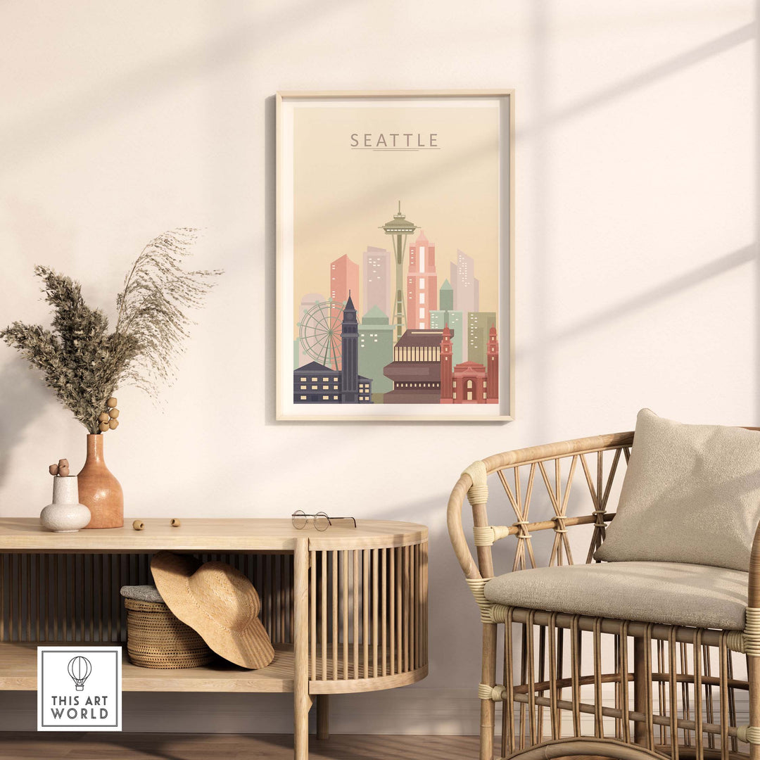Seattle city skyline wall art print in pastel tones, framed and displayed in a modern living room.