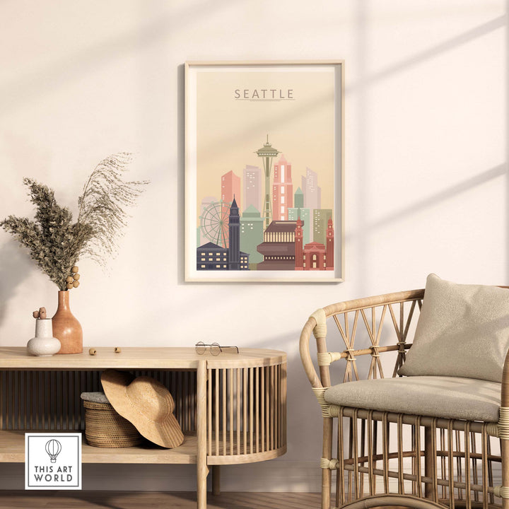 Seattle city skyline wall art print in pastel tones, framed and displayed in a modern living room.