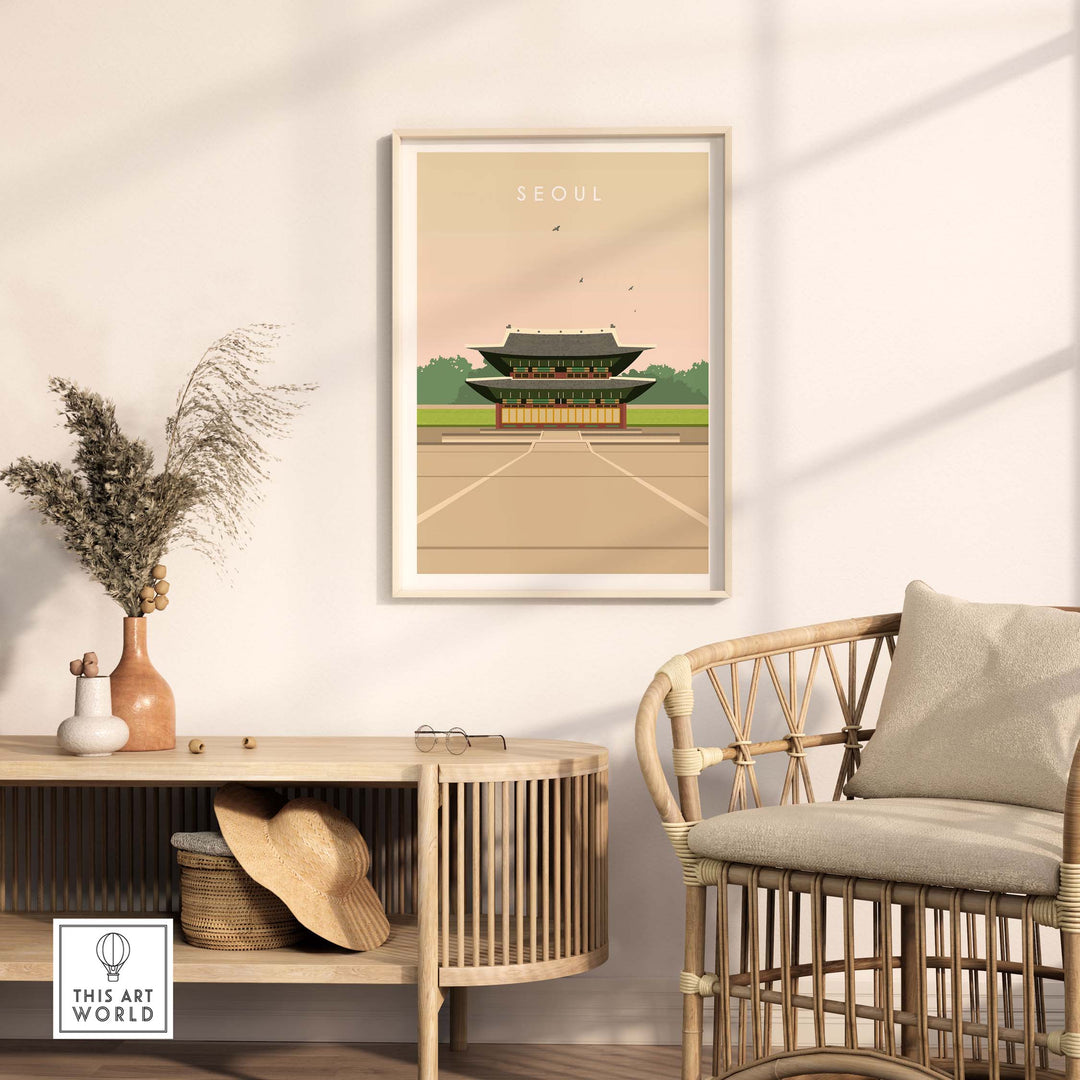 Seoul poster print showcasing a vintage travel design, framed in a stylish home setting, perfect for wall art decor.