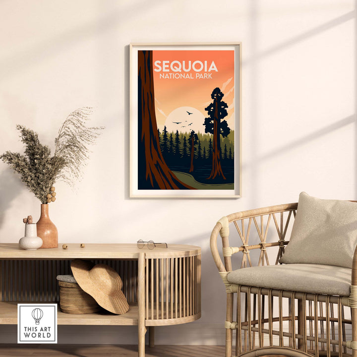 Sequoia National Park poster in a stylish interior, showcasing minimalist art of nature and wanderlust.