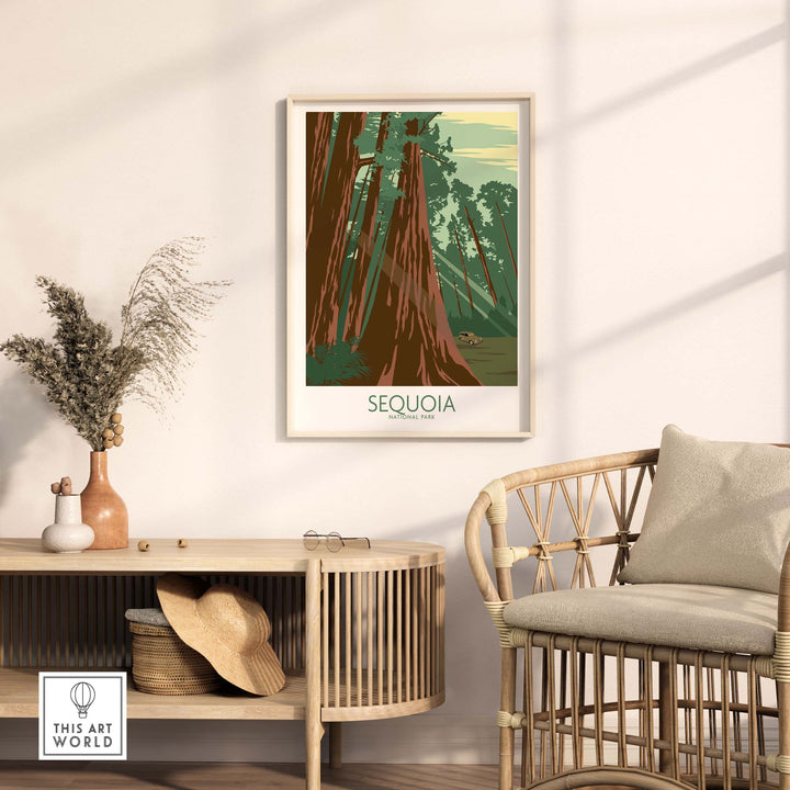 Sequoia National Park poster print displayed in a stylish living room with natural decor.