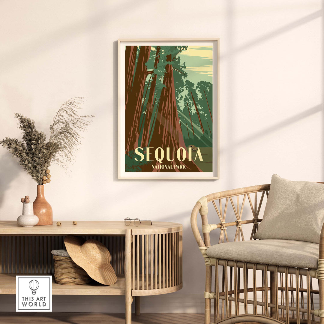 Sequoia National Park vintage-inspired print displayed in a stylish living room setting.