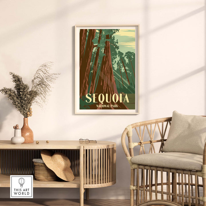 Sequoia National Park vintage-inspired print displayed in a stylish living room setting.