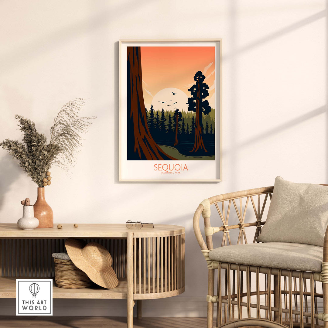 Sequoia National Park art print displayed in a stylish living room setting, featuring minimalist design and warm sunset colors.