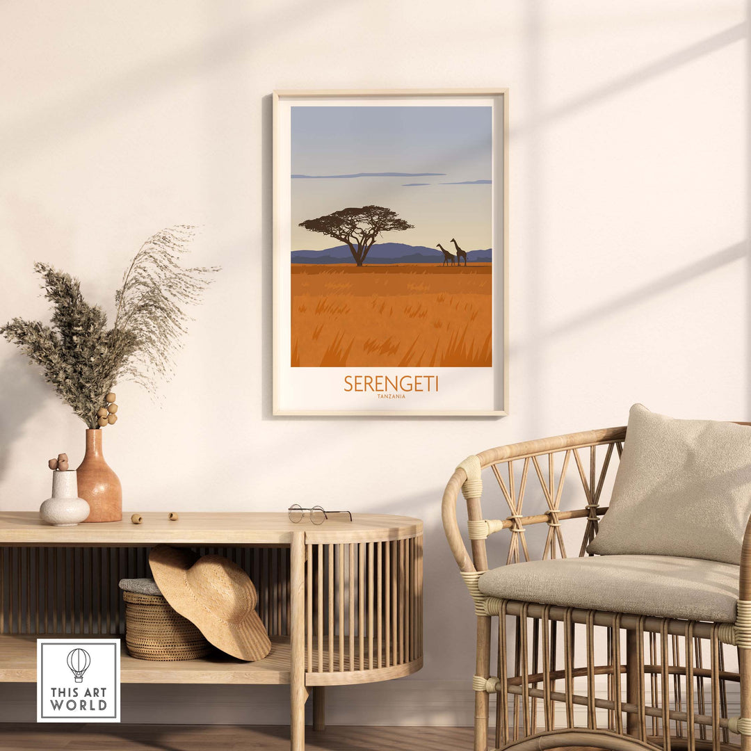 Serengeti National Park poster print showcased in a stylish room with natural decor.