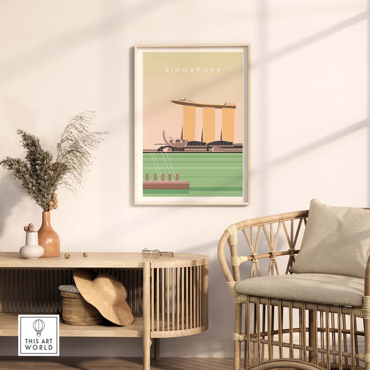 Singapore poster print displayed in a stylish living room setting, featuring the iconic Marina Bay Sands.