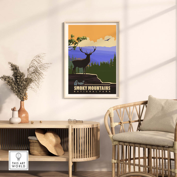 Vintage Smoky Mountains National Park poster featuring a majestic elk in a stylish living room setting.