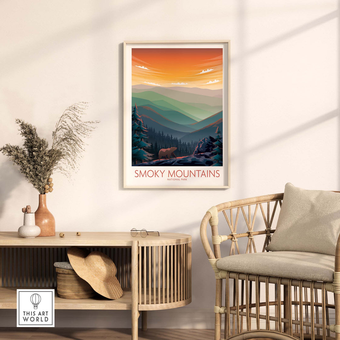 Smoky Mountains Wall Art poster displayed in a modern living room, showcasing a vibrant sunset and serene nature scenery.