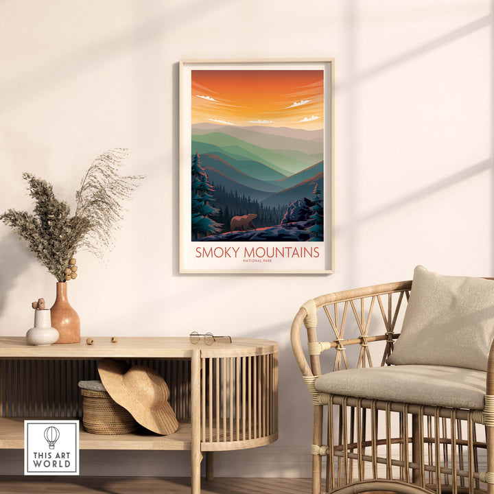 Smoky Mountains Wall Art poster displayed in a modern living room, showcasing a vibrant sunset and serene nature scenery.