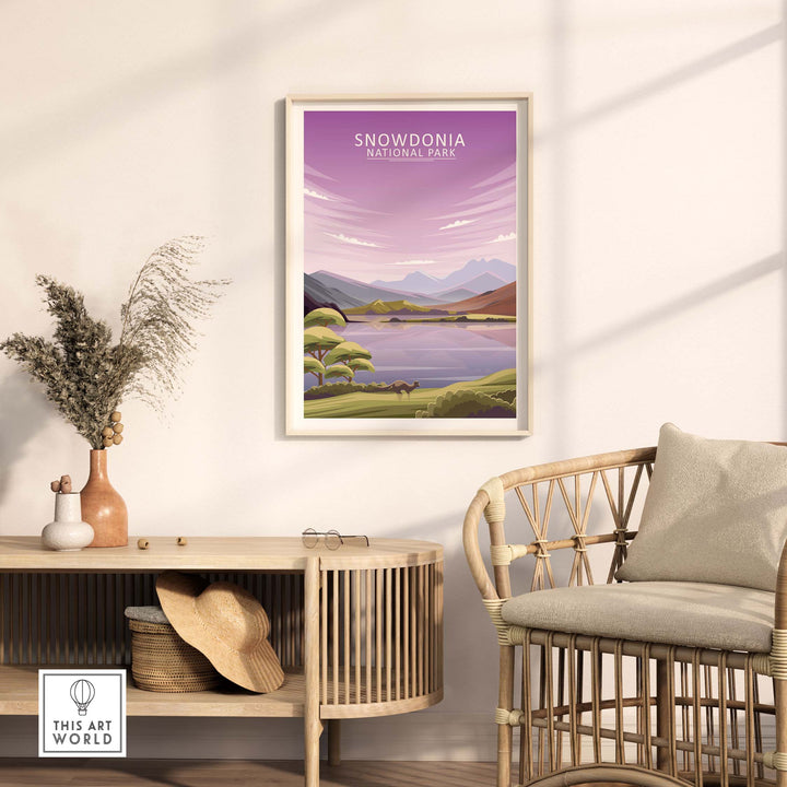 Snowdonia National Park poster in a minimalist frame, featuring mountains and a serene landscape in a stylish interior setting.