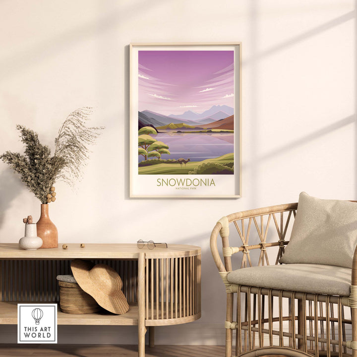 Snowdonia National Park art print framed in a modern living room with stylish decor and natural elements.