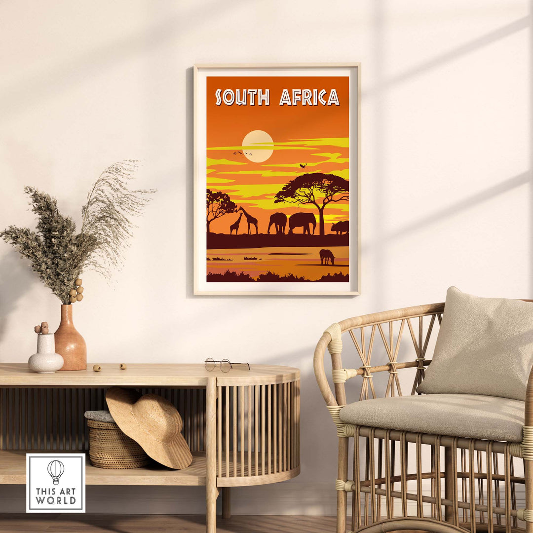 South Africa travel poster featuring elephants and sunset, perfect for home or office decor.