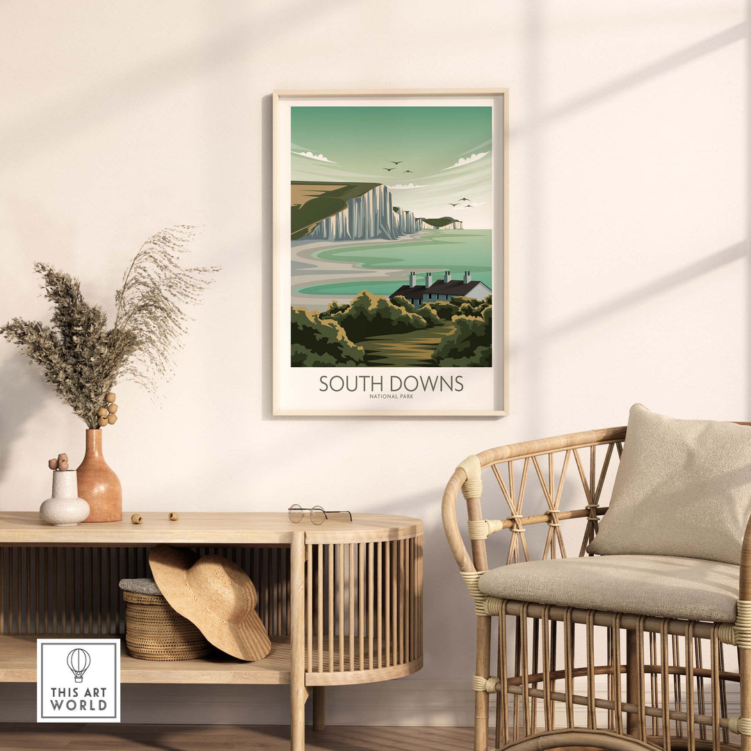 South Downs National Park poster art print displayed in modern interior, showcasing minimalist design and nature themes.