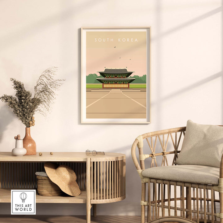 South Korea vintage travel poster print in a stylish living room setting, framed on the wall.
