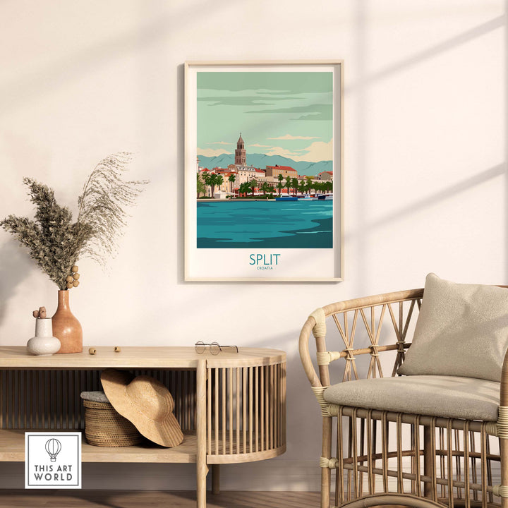 Split Croatia poster print displayed in a modern living room with stylish decor and a serene waterfront view.