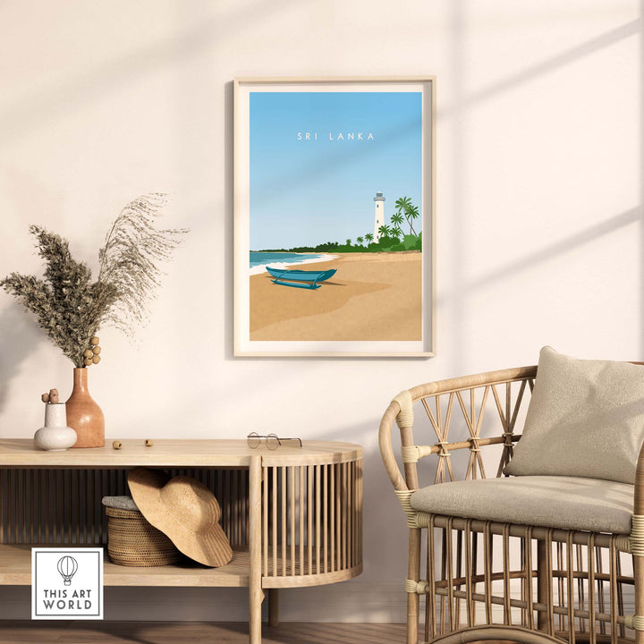 Sri Lanka Travel Poster Print featuring a lighthouse and boat in a minimalist coastal setting, perfect for home decor.