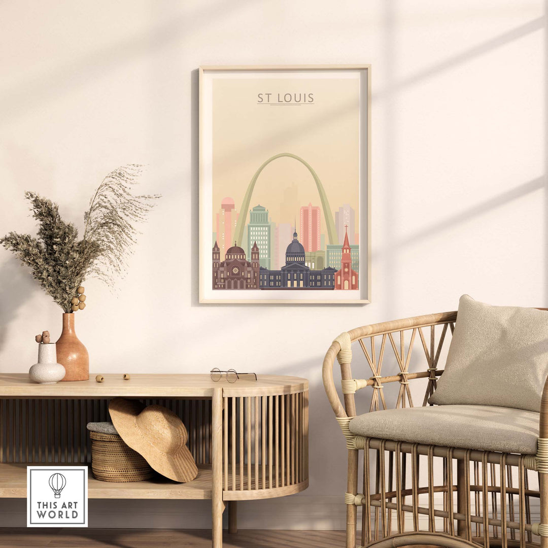 St Louis city skyline wall art print in warm pastel tones displayed in a stylish interior setting.